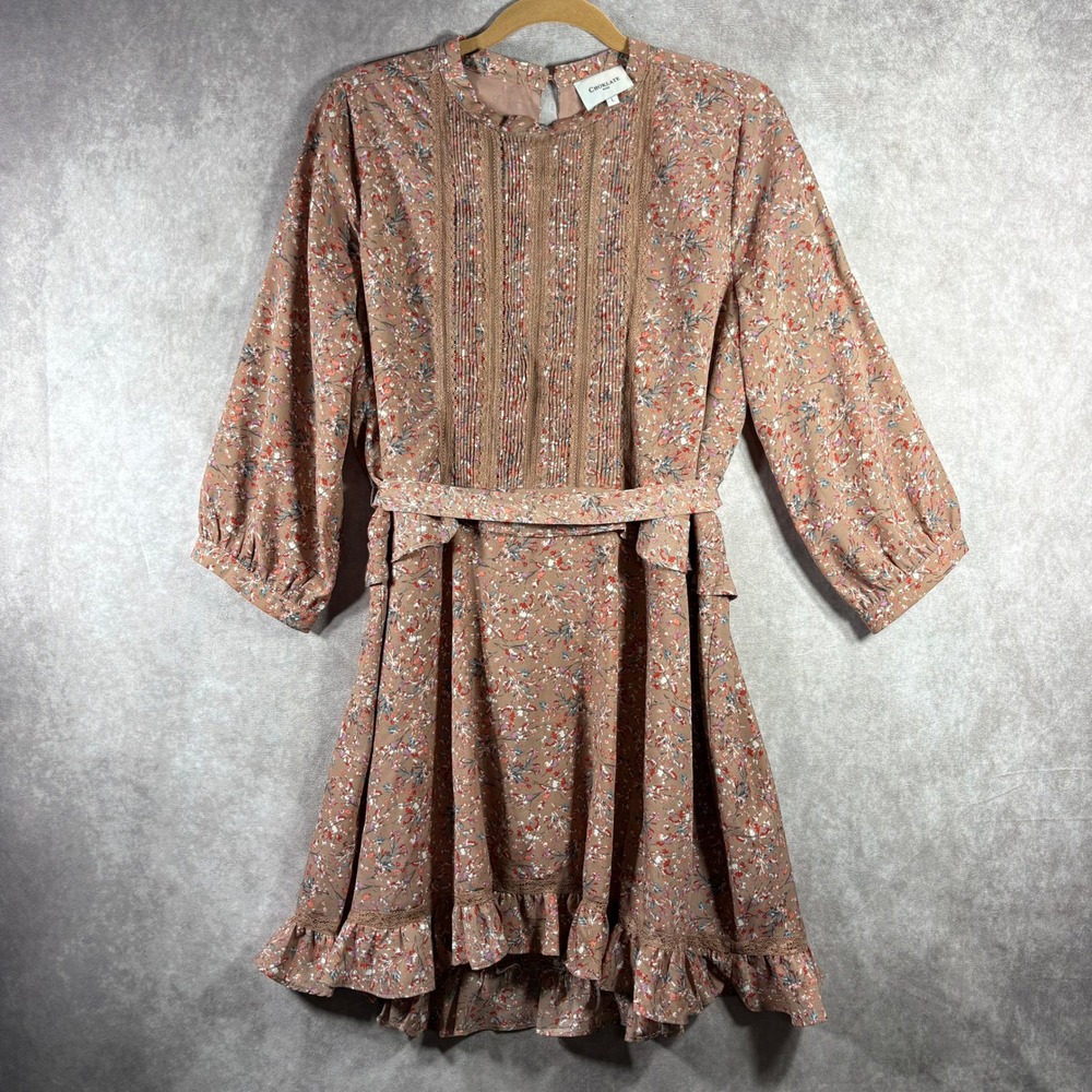 Choklate Paris Dress Womens L Brown Floral Mini Boho Long Sleeve Ruffle‎ Lace
